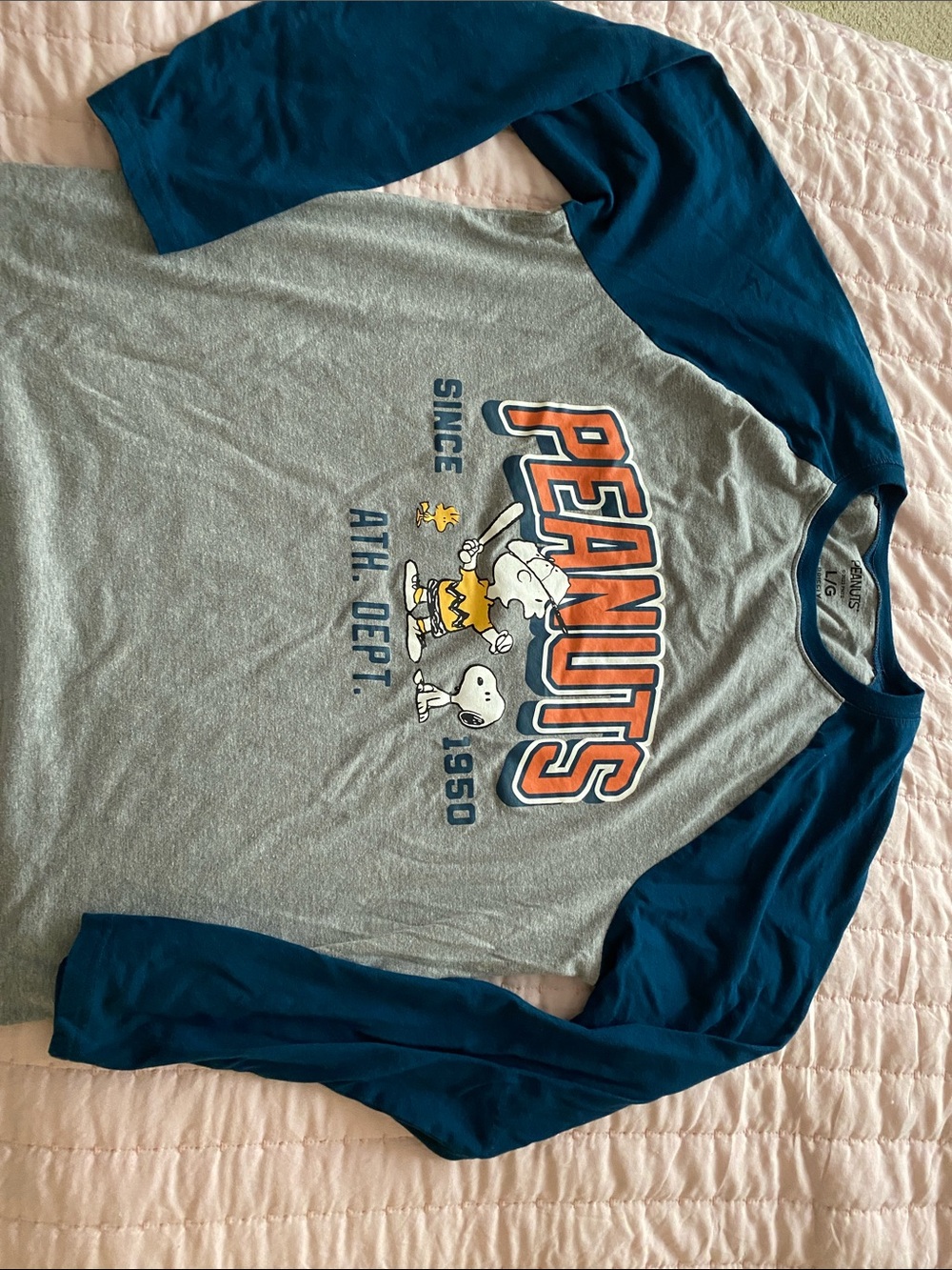 Peanuts Raglan Shirt - Gray & Blue with Orange Logo
